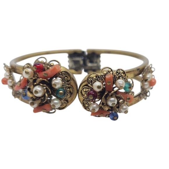 Vintage Ornate Brass Hinged Bangle Bracelet Filigree Faux Pearl Coral Glass Bead